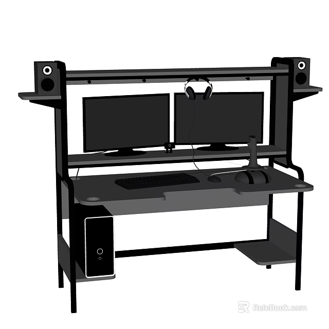 Functional Work Desk Setup With Dual Monitors Headphones Keyboard Mouse And Speakers 3d model 