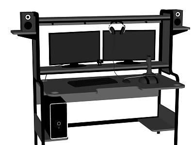 Functional Work Desk Setup With Dual Monitors Headphones Keyboard Mouse And Speakers 3d model