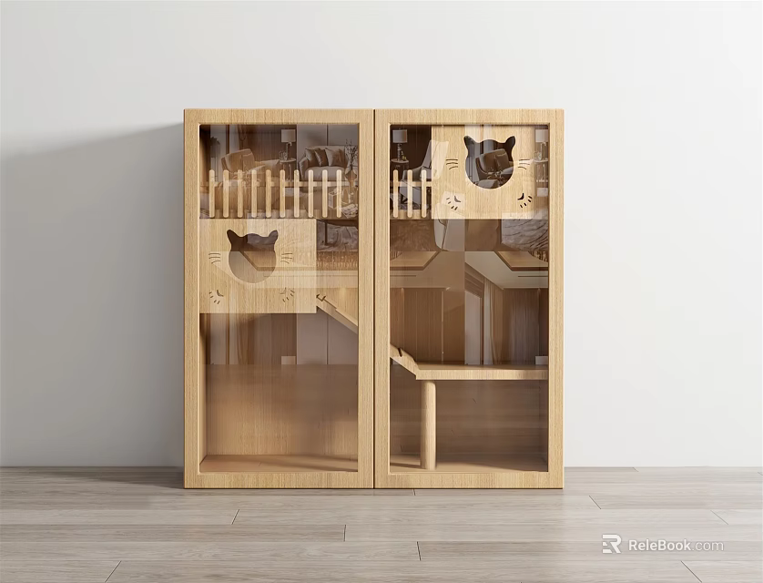 Wooden Cat Tree Modern Pet Furniture With Cat Perches And Staircase Design 3d model 