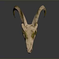 Mythical Creature Skull With Green Moss Covered Curved Horns And Sharp Teeth