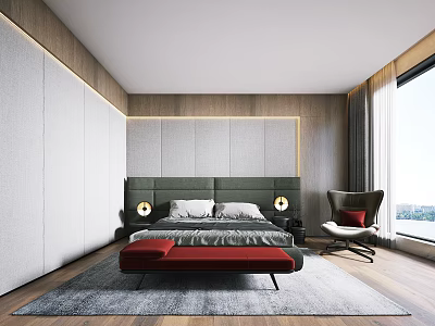Modern Bedroom Interior Design With Green Headboard Bedside Lamps Red Bench And Armchair 3d model
