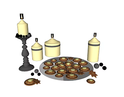 Elegant Candle Lamp with Round Tray Assorted Cookies and Black Decorative Balls 3d model