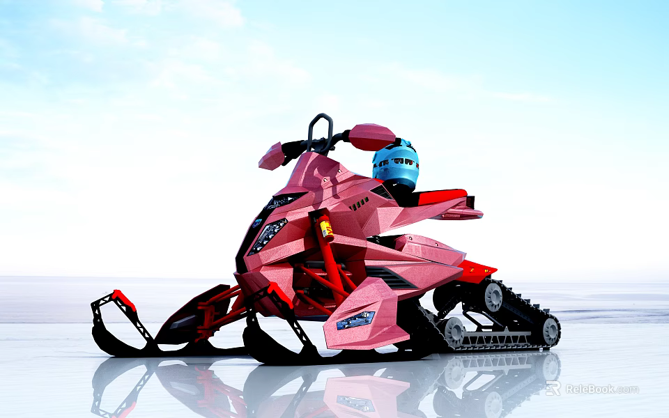 Pink Snowmobile With Blue Helmet And Track Design On Reflective Surface 3d model 