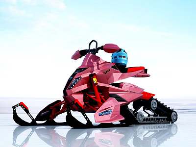 Pink Snowmobile With Blue Helmet And Track Design On Reflective Surface 3d model