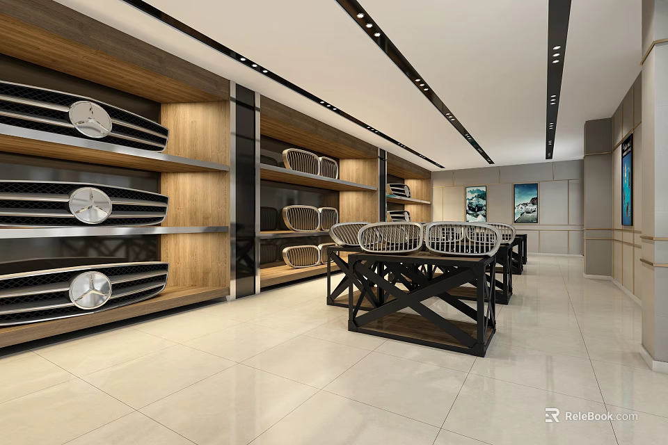 Modern Front Desk Reception Area With Wooden Shelves Leather Sofa And Bright Lighting 3d model 