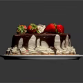 Chocolate Cake Topped With Fresh Strawberries Whipped Cream And Chocolate Drizzle On Pink Plate