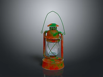 Vintage Rustic Lantern With Red Green Metal Frame And Glass Panels 3d model