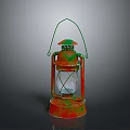 Vintage Rustic Lantern With Red Green Metal Frame And Glass Panels