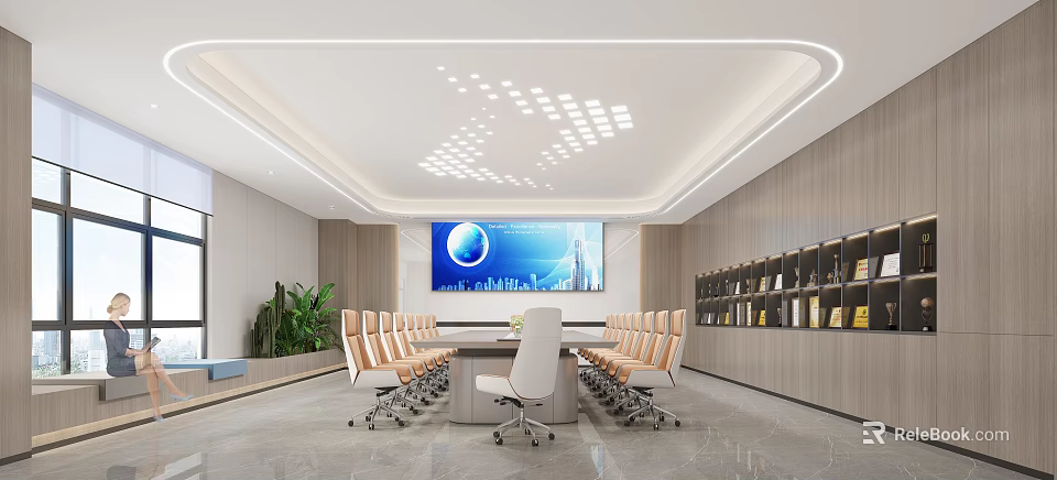Modern Conference Room Interior With Large Screen Green Plant Bookshelves And Leather Chairs 3d model 