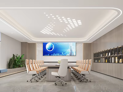 Modern Conference Room Interior With Large Screen Green Plant Bookshelves And Leather Chairs 3d model