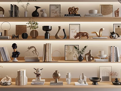 Modern Decorative Ornament Combinations On Shelves With Animal Figurines Vases Books And Plants 3d model