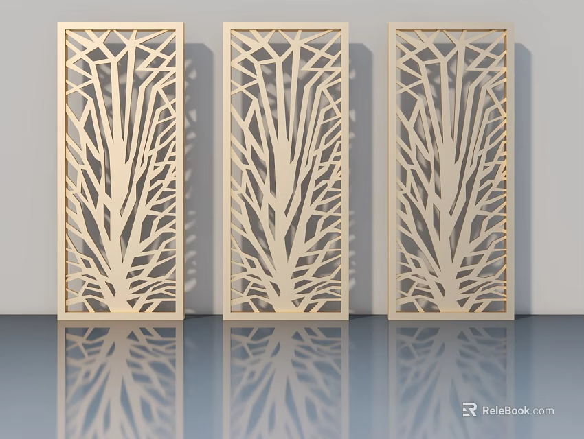 Three Light Wooden Hinged Doors With Tree Branch Carving For Modern Interior 3d model 