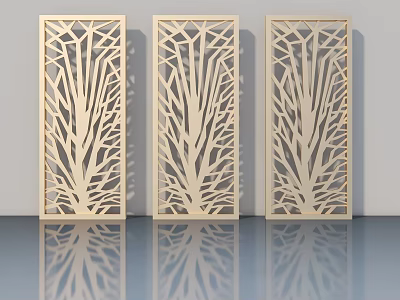 Three Light Wooden Hinged Doors With Tree Branch Carving For Modern Interior 3d model