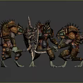 Three Spiked Armor Weapon Wielding Game Movie Fantasy Monstrous Characters With Armored Exoskeletons