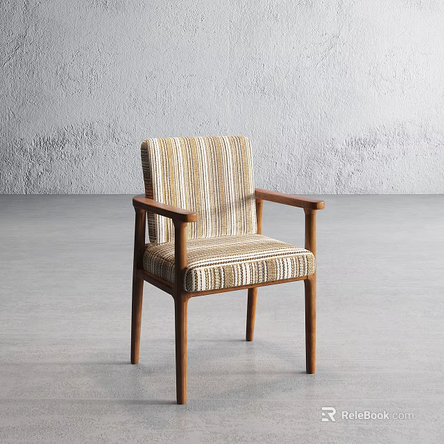 Modern Accent Chair With Striped Fabric Upholstery And Wooden Armrests On Gray Concrete Floor 3d model 