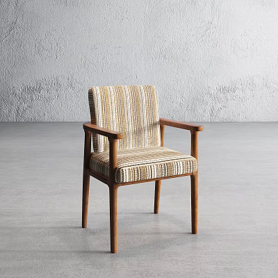 Modern Accent Chair With Striped Fabric Upholstery And Wooden Armrests On Gray Concrete Floor 3d model