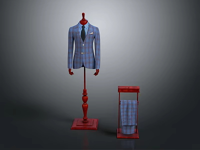 Stylish Red Furniture Display Stand With Blue Plaid Fabric And Mannequin 3d model