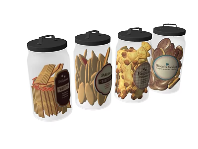 Transparent Ceramic Jars With Black Lids And Labels For Storing Snacks Cookies Chips 3d model