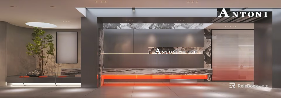 Modern Reception Desk Design With Dark Marble Countertop And Orange Structure 3d model 
