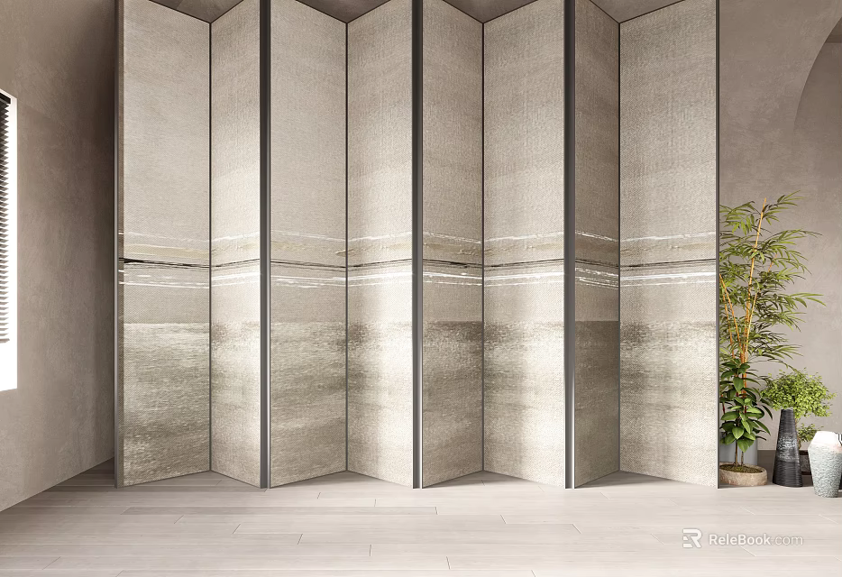 Modern Stone Textured Room Divider With Folding Panels And Green Plant In Minimalist Interior 3d model 