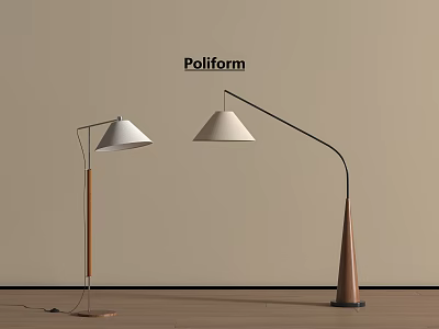 Modern Minimalist Floor Lamps With White Shades Curved Arms And Wooden Bases 3d model