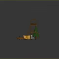 Outdoor Camping Scene With Yellow Tent Green Trees Wooden Shelter And Boat