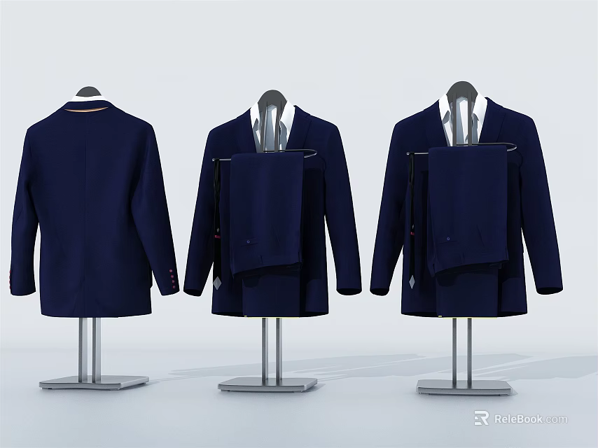 Three Navy Blue Blazers Displayed On Hangers With Different Angles 3d model 