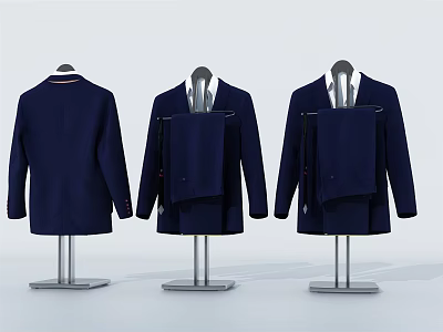 Three Navy Blue Blazers Displayed On Hangers With Different Angles 3d model