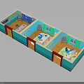 Medical Ward Interior Layout With Multiple Rooms Beds Windows Doors Blue Walls And Red Floors