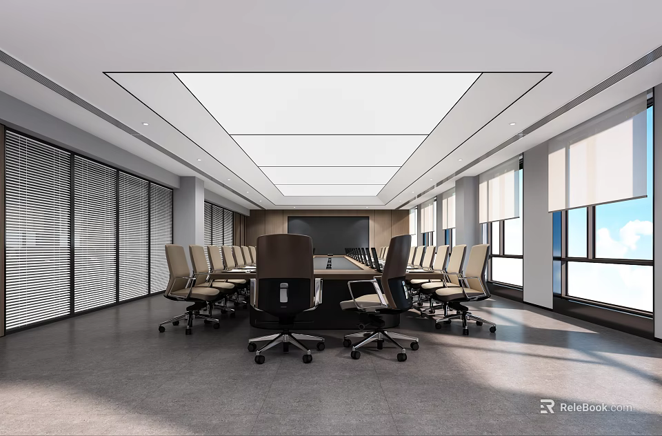 Modern Conference Room Interior With Large Screen Tables Chairs And Windows 3d model 