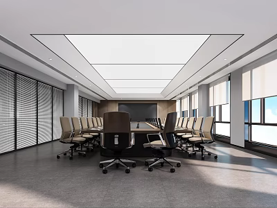 Modern Conference Room Interior With Large Screen Tables Chairs And Windows 3d model