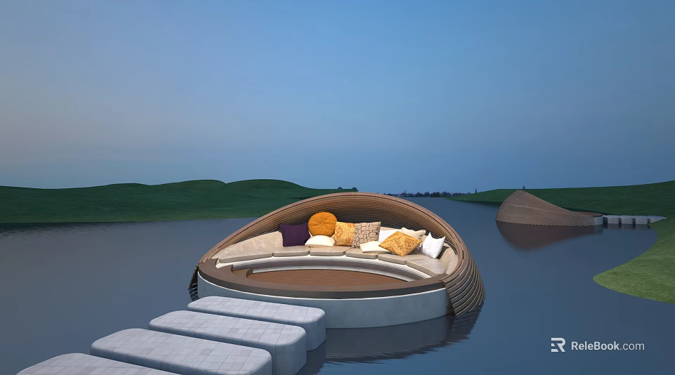 Floating Water Resting Area With Curved Sofa Colorful Cushions And Stepping Stones 3d model 