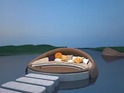Floating Water Resting Area With Curved Sofa Colorful Cushions And Stepping Stones 3d model