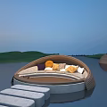 Floating Water Resting Area With Curved Sofa Colorful Cushions And Stepping Stones