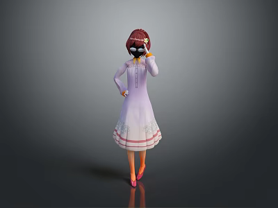 Game And Movie Character With Red Short Hair Wearing Purple Dress Standing In Gray Background 3d model