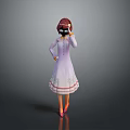 Game And Movie Character With Red Short Hair Wearing Purple Dress Standing In Gray Background