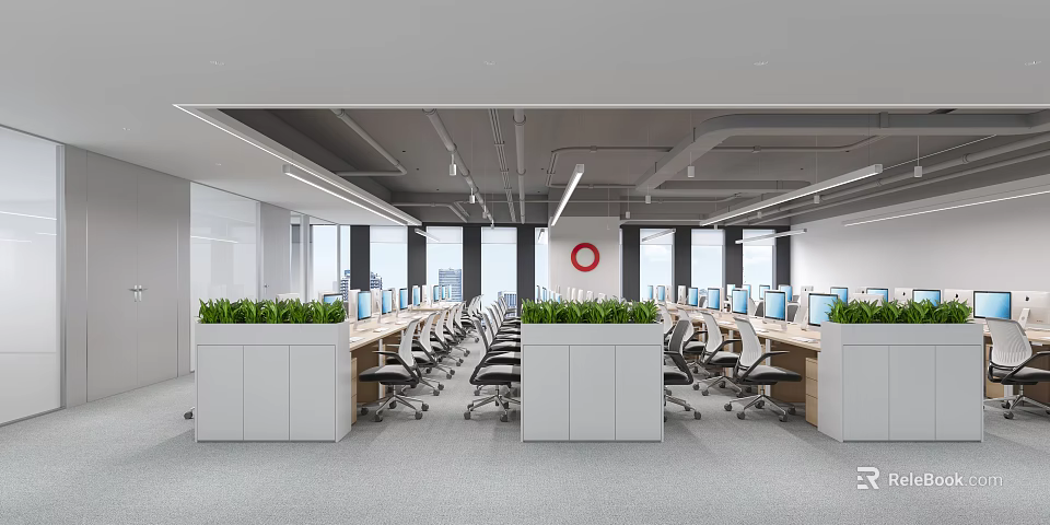 Modern Public Office Area Design With Open Layout Work Desks And Green Plants 3d model 