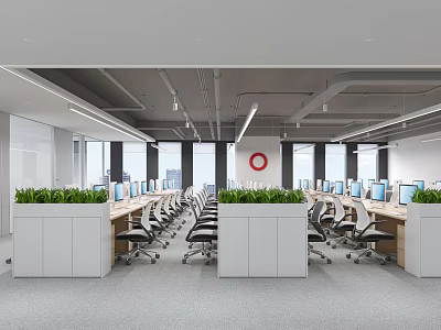 Modern Public Office Area Design With Open Layout Work Desks And Green Plants 3d model
