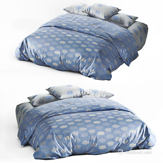 Double Bed With Blue Cloud Pattern Bed Linen And Soft Pillows 3d model 
