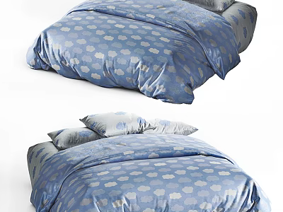 Double Bed With Blue Cloud Pattern Bed Linen And Soft Pillows 3d model