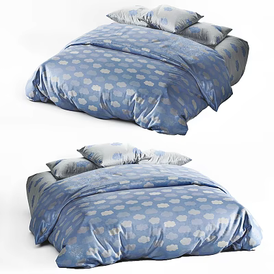 Double Bed With Blue Cloud Pattern Bed Linen And Soft Pillows 3d model