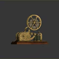 Vintage Brass Mechanical Computer Device With Large Wheel And Wooden Base