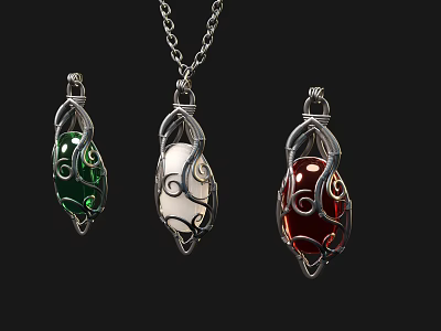 Stylish Colored Pendant Jewelry with Silver Metal Frames in Green White Red 3d model