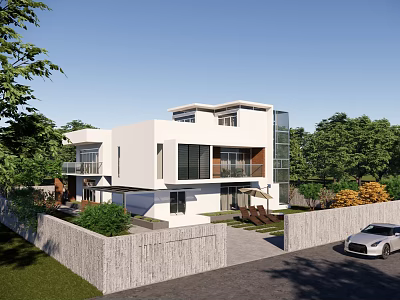 Modern Detached Villa With White Exterior Large Windows And Green Garden Surroundings 3d model