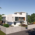 Modern Detached Villa With White Exterior Large Windows And Green Garden Surroundings