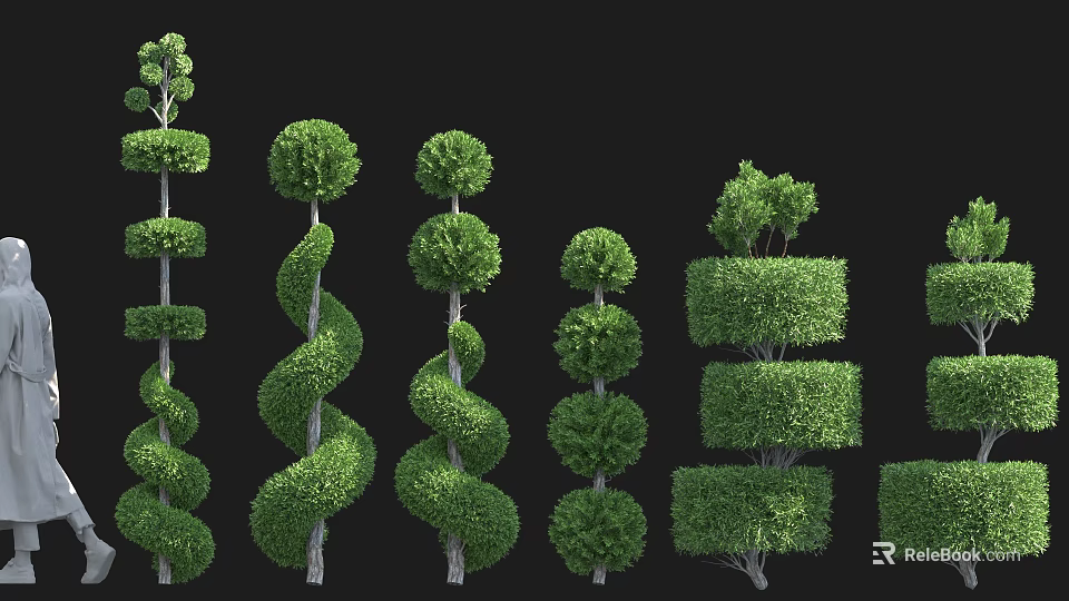 Green Plant Wall Featuring Various Topiary Shaped Trimmed Green Plants Arrangement 3d model 