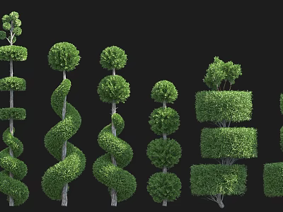 Green Plant Wall Featuring Various Topiary Shaped Trimmed Green Plants Arrangement 3d model