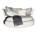 Light Colored Round Single Sofa With Plaid Cushions And Gray Tassel Throw 3d model