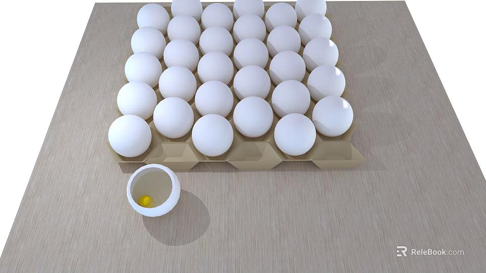 Fresh White Eggs in Carton with Cracked Egg and Yolk on Wooden Surface 3d model 