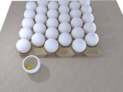 Fresh White Eggs in Carton with Cracked Egg and Yolk on Wooden Surface 3d model